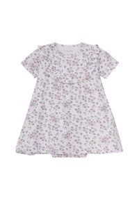 Lila bomullsklänning med korta ärmar, med en volangkrage och ett litet blommönster i lila och grönt genom hela.