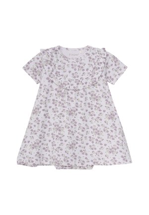 Robe en coton lilas à manches courtes, avec un décolleté à volants et un léger motif floral en violet et vert sur l'ensemble.