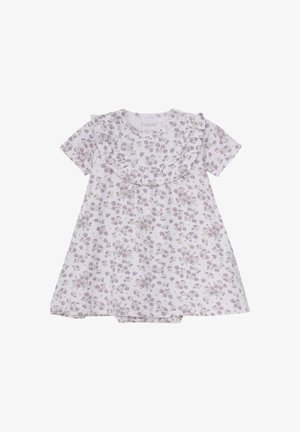 Lilla bomulds kjole med korte ærmer, der har en flæset halsudskæring og et små blomstermønster i lilla og grøn over hele.