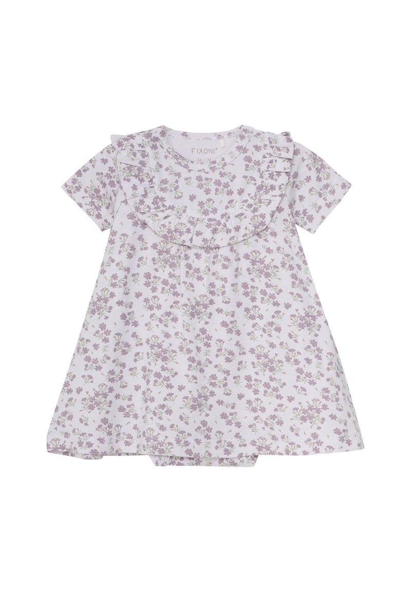 Lila bomullsklänning med korta ärmar, med en volangkrage och ett litet blommönster i lila och grönt genom hela.