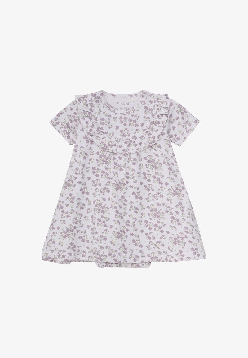 Lilafarbene Baumwollkleid mit kurzen Ärmeln, das einen rüschengeschmückten Ausschnitt und ein kleines florales Muster in Lila und Grün aufweist.