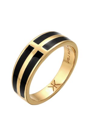 Goldener Bandring mit schwarzen Emailstreifen, die ein Kreuzmuster bilden, und einem eingravierten Sternsymbol im Inneren des Rings.