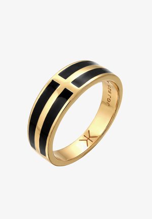 Goldener Bandring mit schwarzen Emailstreifen, die ein Kreuzmuster bilden, und einem eingravierten Sternsymbol im Inneren des Rings.