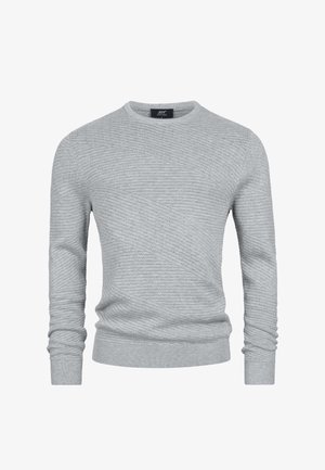 Lichtgrijs trui gemaakt van ribbelgebreide stof, met een ronde halslijn, lange mouwen en diagonale textuurpatronen over het lichaam.