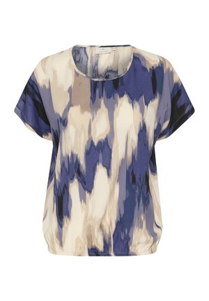 Kortærmet bluse med rund halsudskæring, lavet af letvægtsstof med et blåt, cremet og sort abstrakt mønster.