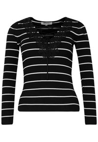 Schwarz-weiß gestreifter Langarmpullover mit Schnürkragen und aufwendigen schwarzen Spitzenverzierungen am Kragen. Gerippte Textur.