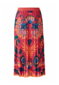 Jupe à motifs floraux dans les tons rose, vert et orange. Présente un design plissé et une taille élastique avec le texte "TROPICAL".