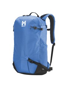 Blauer Nylon-Rucksack mit hexagonalem Muster, ausgestattet mit schwarzen Akzenten, verstellbaren Trägern und einem Griff oben. Logo auf der Vorderseite.