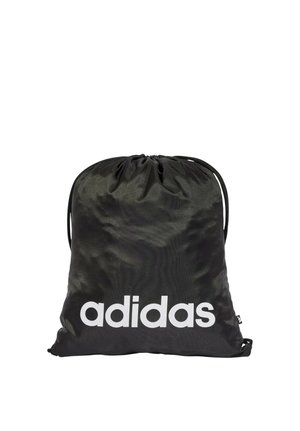 Sac à dos noir à cordon avec logo Adidas blanc centré à l'avant, avec un tissu simple et lisse et une fermeture supérieure serrée.