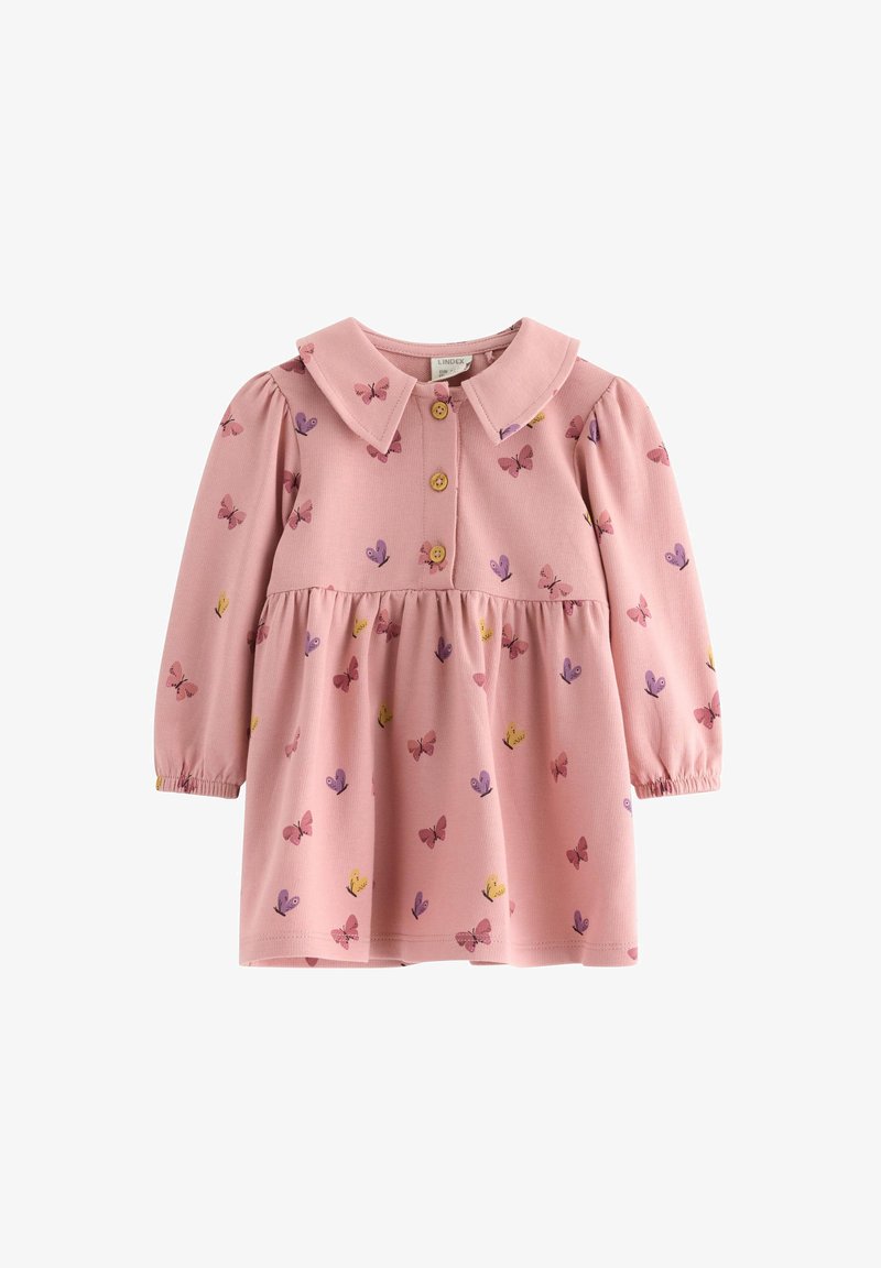 Abito rosa con maniche lunghe, colletto e chiusura frontale con bottoni. Presenta una stampa a farfalla in viola e giallo su un tessuto morbido.