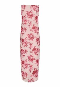 Robe longue rose sans manches avec imprimé floral rouge et détails volantés aux épaules, coupe droite, présentée sur fond blanc.