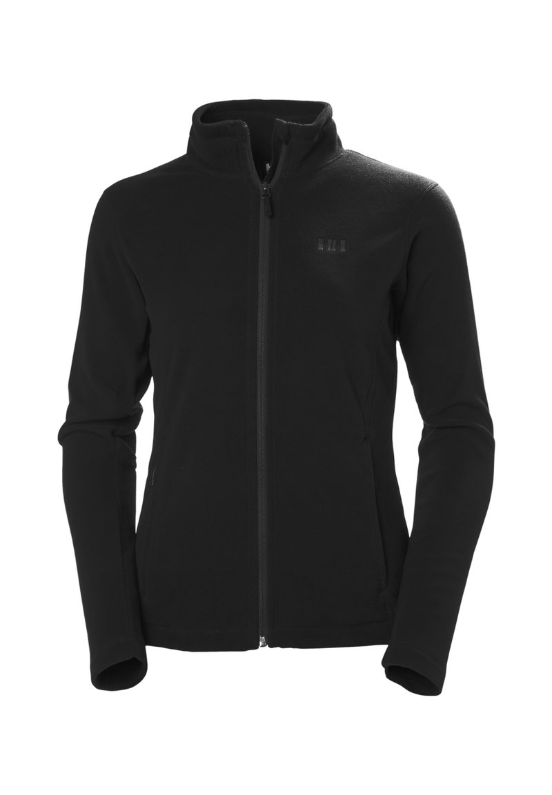 Chaqueta de forro polar negra con un collar alto, cremallera frontal completa, mangas largas y dos bolsillos laterales. Textura suave con un branding mínimo.