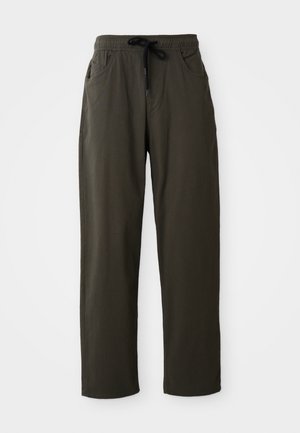 Dark green, lightweight trousers made of soft fabric. They feature an elastic waistband with adjustable drawstring and two side pockets.