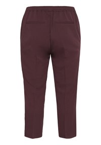 Pantalons bordeaux avec une taille élastique et deux poches arrière. Le tissu est lisse avec une coupe ajustée et une longueur cropped.