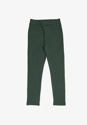 Green stretch pants with a smooth texture, elastic waistband, and faux pocket stitching. Designed for comfort and ease of wear.