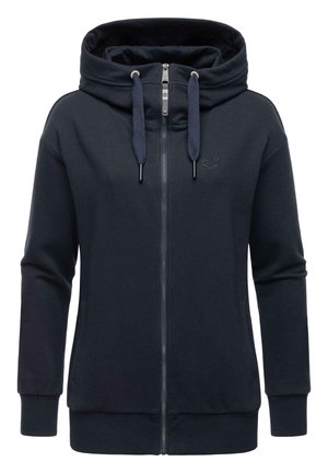 Navy zip-up hoodie made of soft fabric, featuring a large hood, drawstrings, two front pockets, and embroidered logo on the chest.