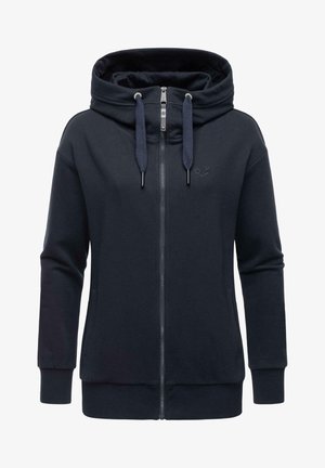 Navy zip-up hoodie made of soft fabric, featuring a large hood, drawstrings, two front pockets, and embroidered logo on the chest.