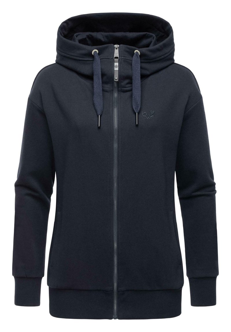 Sweat à zip bleu marine en tissu doux, avec une grande capuche, des cordons de serrage, deux poches avant et un logo brodé sur la poitrine.
