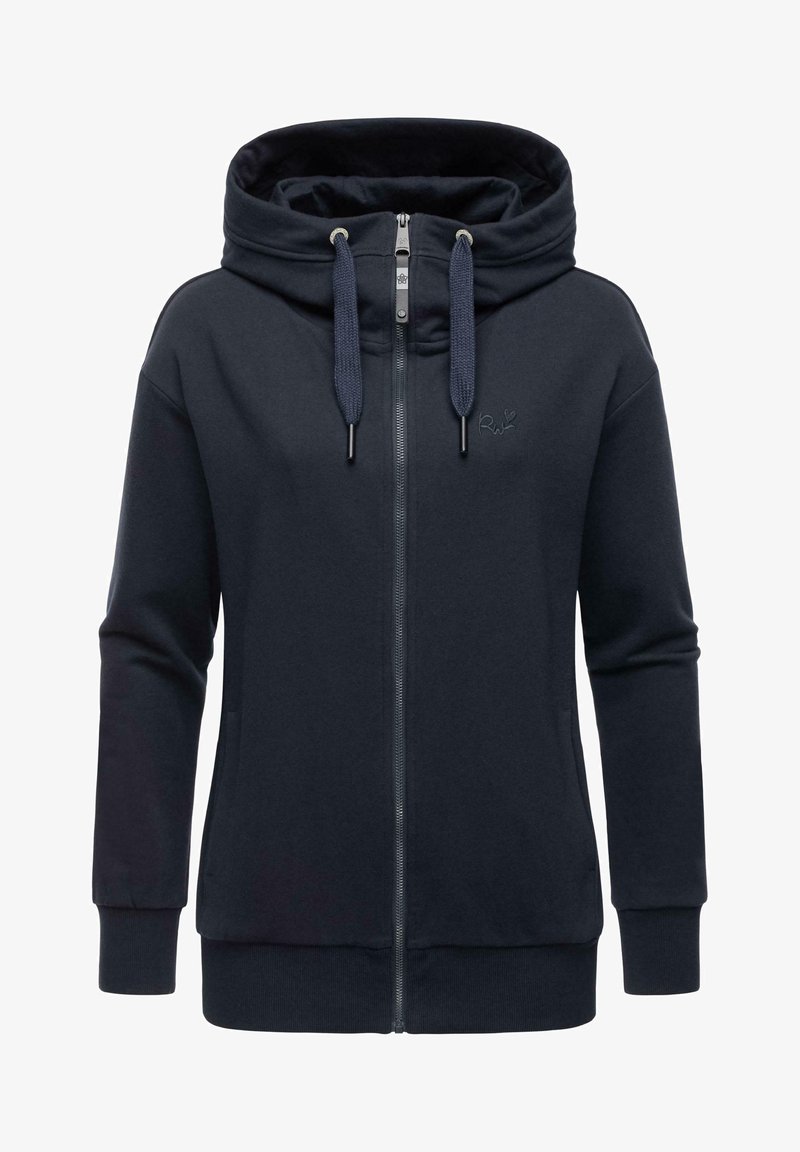 Námornícka mikina na zips vyrobená z mäkkej tkaniny, s veľkou kapucňou, šnúrkami, dvoma prednými vreckami a vyšívaným logom na hrudi.