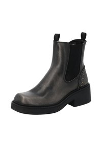 Botín de cuero gris hasta el tobillo con paneles laterales elásticos, suela gruesa negra y remaches decorativos en el tacón, que cuenta con un diseño de puntera redonda.