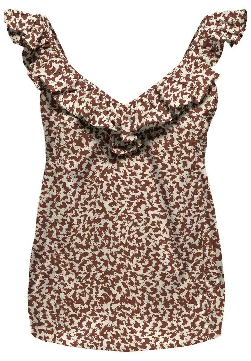 Top sin mangas de estampado rojo y crema con un escote con volantes y tela texturizada. Corte holgado, adecuado para el clima cálido.