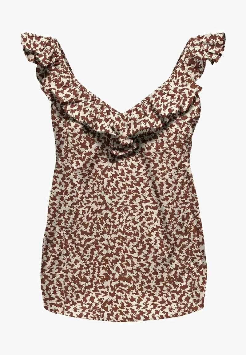 Top sin mangas de estampado rojo y crema con un escote con volantes y tela texturizada. Corte holgado, adecuado para el clima cálido.