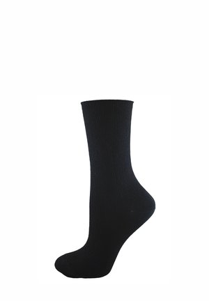 Czarne skarpetki prążkowane, o długości do połowy łydki, wykonane z miękkiego materiału dzianinowego, z bezszwowym palcem i elastycznym mankietem zapewniającym pewne dopasowanie.