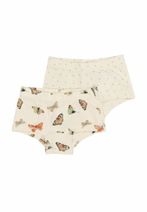 Bawełniane szorty boyshort w kolorze kremowym, z nadrukiem motyli na jednej parze oraz miętowym wzorem serc na drugiej. Miękka tekstura, elastyczne pasy w talii.