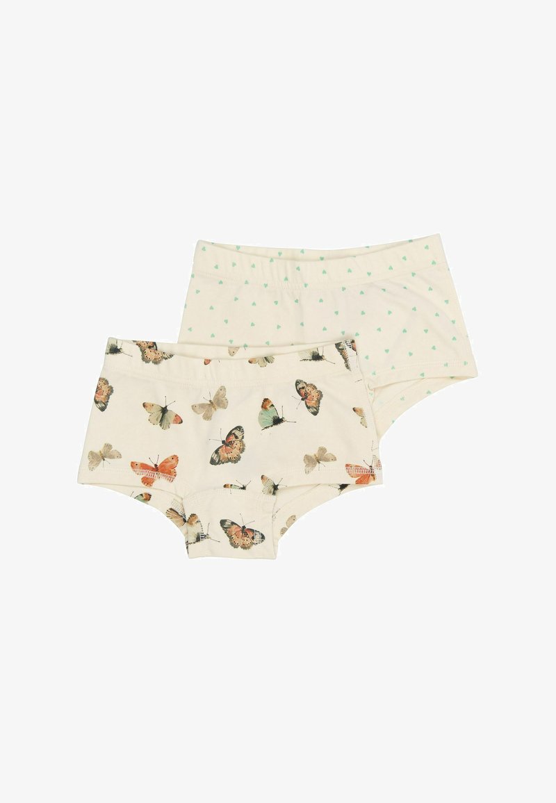 Shorties en coton couleur crème avec un motif de papillon sur une paire et un motif de cœurs menthe sur l'autre. Texture douce, ceintures élastiques.