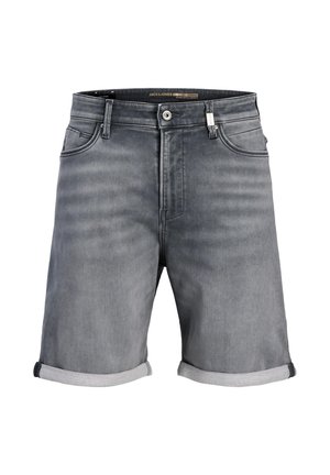 Graue Jeans-Shorts mit umgeschlagenen Bündchen, vorderem Knopf und Reißverschluss, Gürtelschlaufen und Vordertaschen.