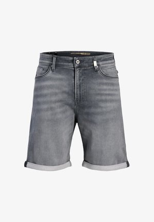 Pantaloni scurți gri din denim cu tivuri întoarse, nasture și fermoar frontal, bucle pentru curea și buzunare frontale.