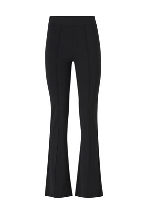 Black flared pants made of stretchy fabric, featuring a high waistband and vertical seam detailing, providing a fitted silhouette.