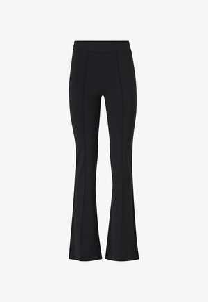 Black flared pants made of stretchy fabric, featuring a high waistband and vertical seam detailing, providing a fitted silhouette.