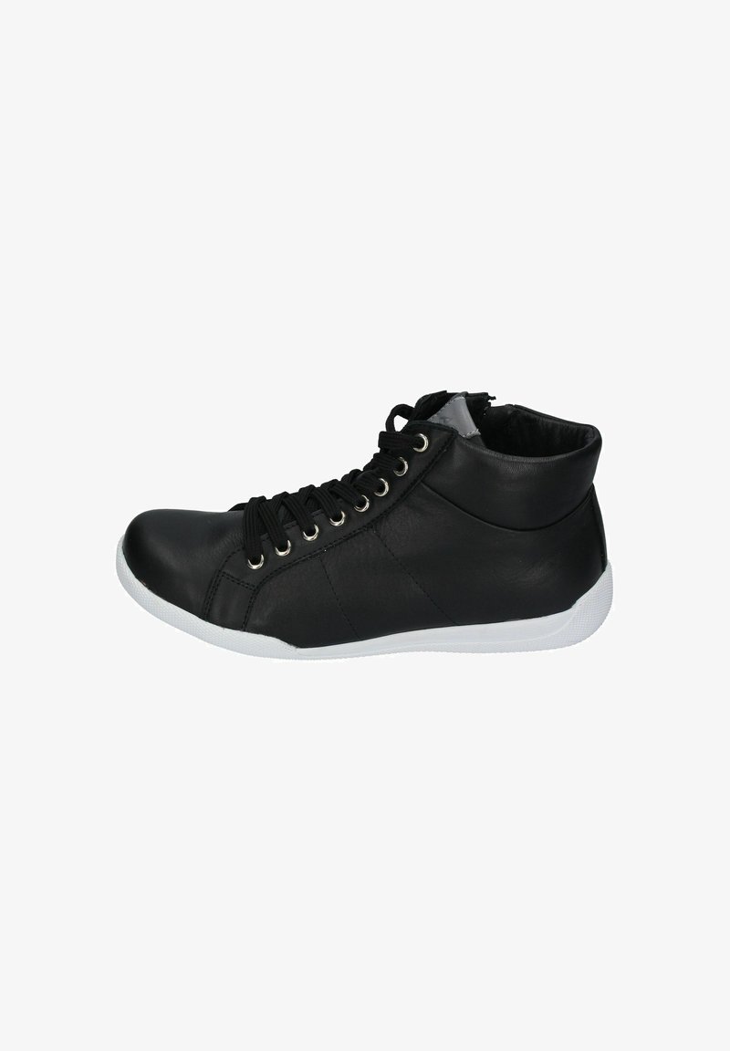 Black leather high-top sneaker with white rubber sole, rounded toe, metal eyelets, and black laces. Smooth texture.
