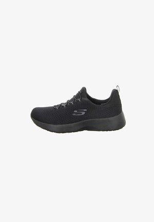 Black athletic shoes with a textured mesh upper, cushioned sole, and a prominent logo on the side. Features a lace-up design and pull tab.