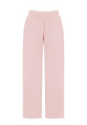 Jasnoróżowe spodnie z szerokimi nogawkami, z elastycznym pasem i subtelnym przeszyciem logo na udzie, pokazane na płasko na białym tle.