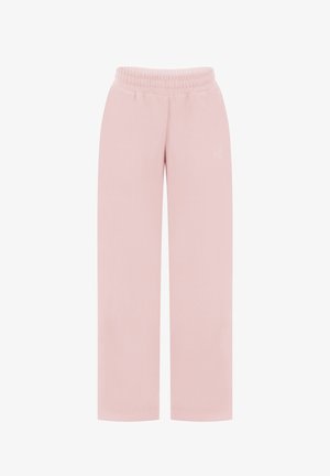 Jasnoróżowe spodnie z szerokimi nogawkami, z elastycznym pasem i subtelnym przeszyciem logo na udzie, pokazane na płasko na białym tle.