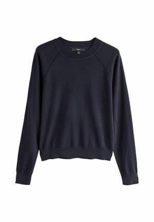 Marineblauwe sweatshirt met lange raglanmouwen, een ronde halslijn, ribgebreide manchetten en zoom, gemaakt van een zachte, textuurstof.