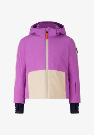 Purple and beige hooded winter jacket with front zipper, thumb hole cuffs, and embossed "BOGNER" text on the chest.