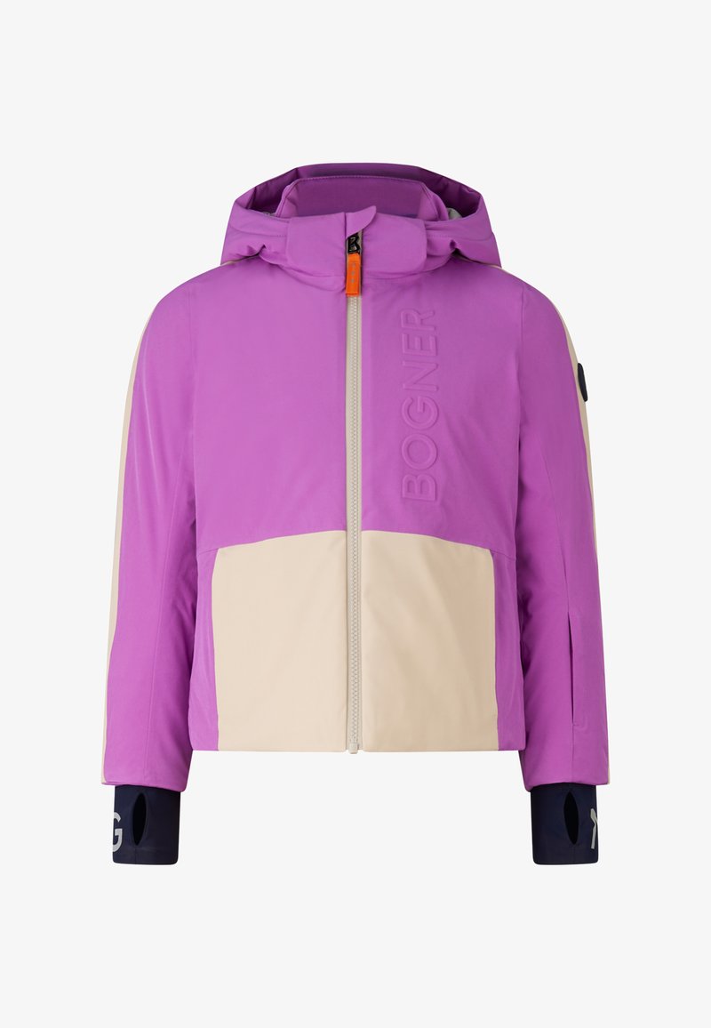 Fialová a béžová zimní bunda s kapucí, předním zipem, rukávy s otvory na palce a vyraženým textem "BOGNER" na hrudi.