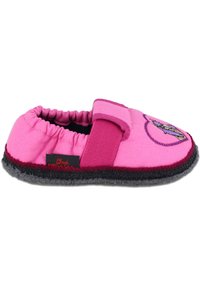 Rosa Hausschuh mit elastischem Oberteil, Klettverschluss, schwarzer und grauer Sohle sowie gesticktem Design. Hergestellt aus strukturiertem Stoff, leicht und bequem.