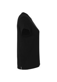 Zwart katoenen T-shirt met korte mouwen, een klassieke ronde hals en een relaxte pasvorm. Subtiele branding aan de onderzijde van de zijnaad.