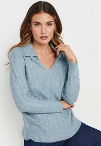 Ljusblå stickad tröja med krage, försedd med V-ringning, ribbade ärmslut och detaljerat stickmönster. Texturerad tyg med öppna stickade sektioner.