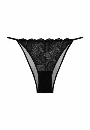 Black lace thong with floral pattern, sheer mesh side panels, scalloped edges, and elastic straps with gold hardware accents.