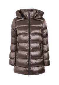 Bruine pufferjas met capuchon. Heeft een glanzende, doorgestikte textuur, een ritssluiting over de hele lengte en twee zijzakken.