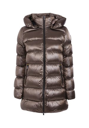 Giacca a vento marrone con cappuccio. Presenta una texture lucida e trapuntata, una cerniera integrale e due tasche laterali.