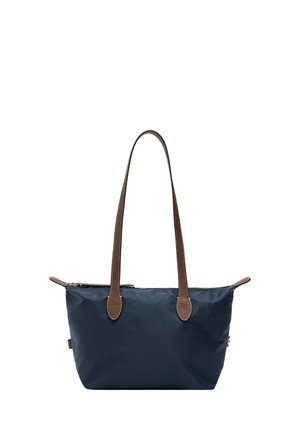 Granatowa torba na ramię z brązowymi skórzanymi uchwytami i zamkiem błyskawicznym, prostokątna baza, minimalistyczny design, średni rozmiar.