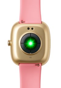 Smartwatch con cassa dorata, cinturino rosa e una luce verde brillante del sensore sul retro, che mostra la funzione di monitoraggio della salute.