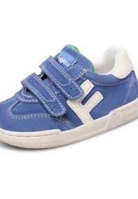 Blaue Wildleder-Kinderschuhe mit zwei Velcro-Riemen, weißer Sohle, weißem Fersenpatch und einem weißen "H"-Detail an der Seite.