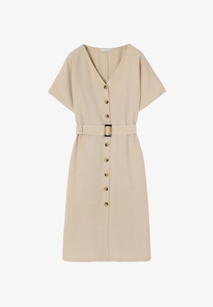 Beige mekko, jossa on V-pääntie, lyhyet hihat, etunapit ja vyö. Valmistettu sileästä materiaalista. Sisältää kontrastiväriset napit ja ompeluyksityiskohtia.